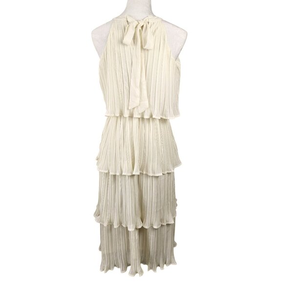 Womens Small Elegant Halter Neck Pleated Tiered Maxi Cream Dress Sleeveless - Picture 5 of 13